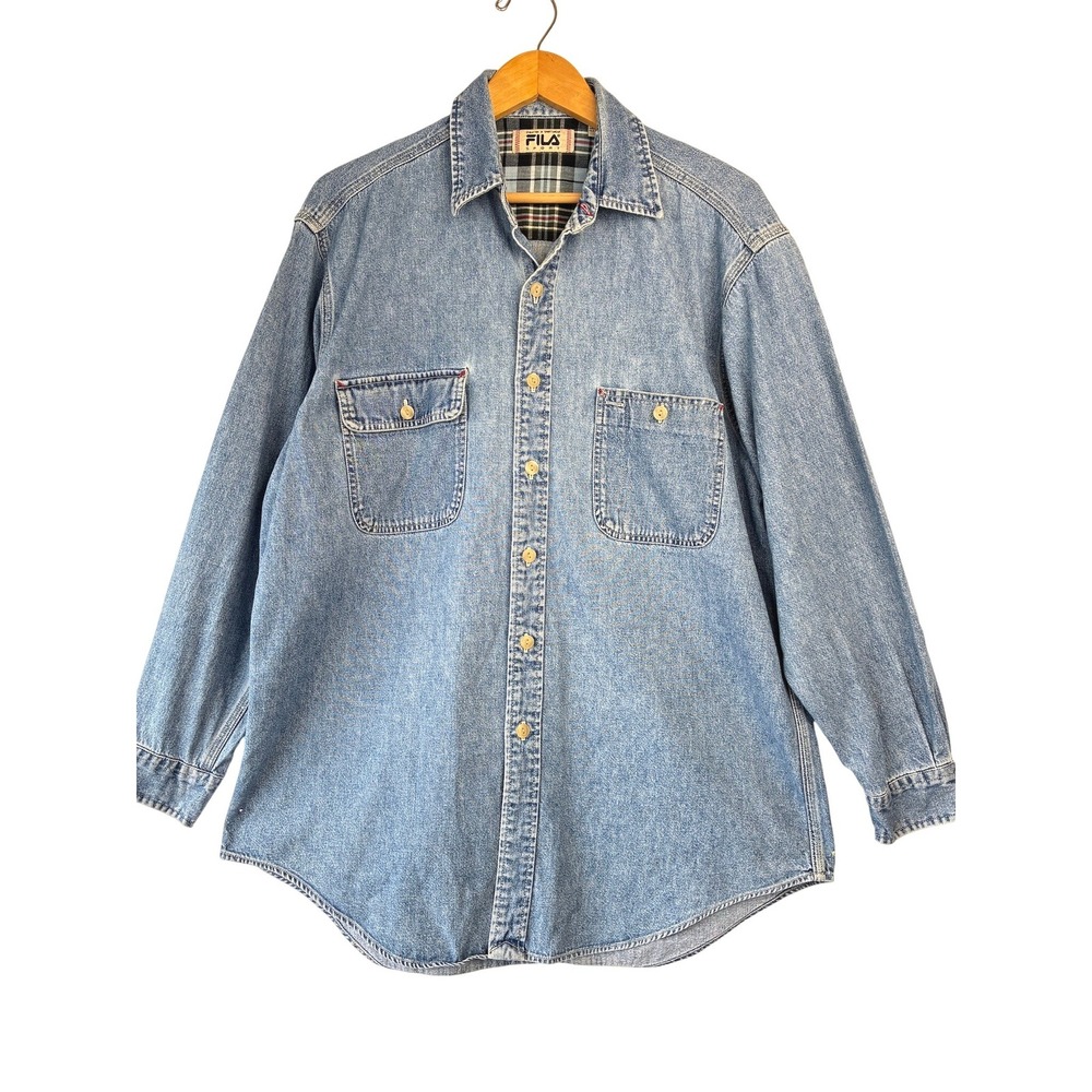 Vintage 90s Fila Sport Men Blue Denim Long Sleeve Button Up Shirt M